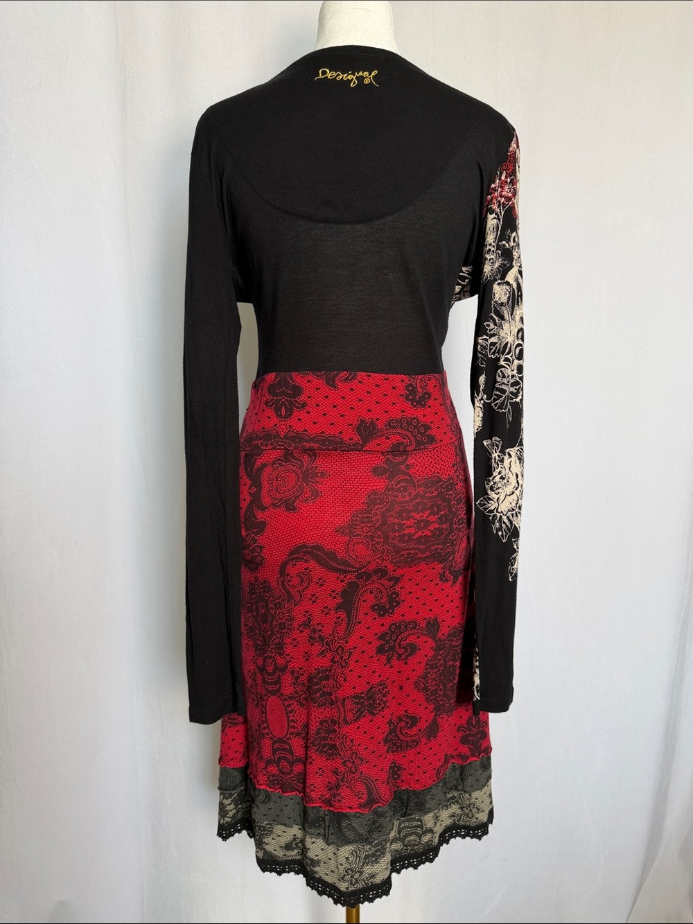 Desigual Lanoria Long Sleeve Midi Dress Size L Black Red Lace Detail Whimsigoth - Picture 5 of 15